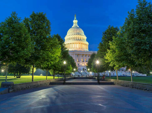 The Capitol building in Washington D.C. illuminated at night surrounded by trees