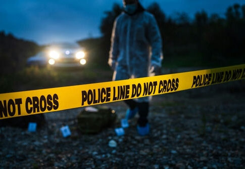 Police crime scene tape with investigator at dusk