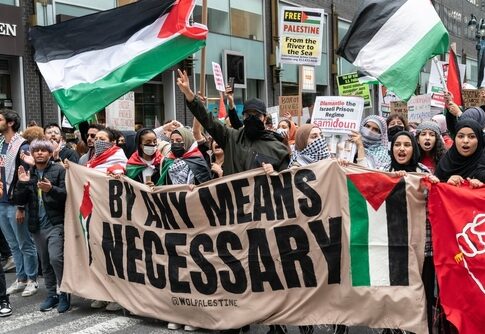 Crowd of protesters holding banners and flags during a demonstration for Palestine