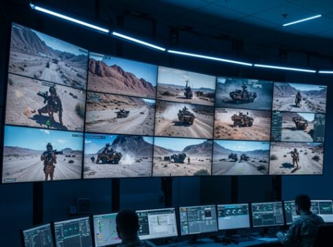 Military personnel monitoring operations from a command center with multiple screens