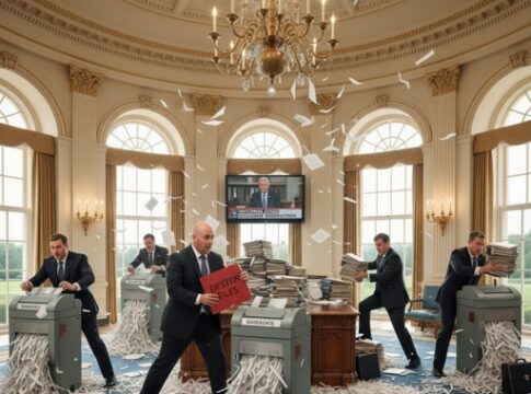 A chaotic office scene with multiple people shredding documents