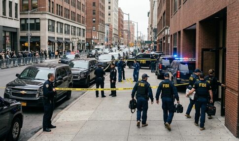 FBI agents conducting an operation at a city street crime scene