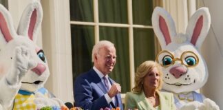 President Biden and Dr. Jill Biden celebrating Easter with costumed bunnies at the White House