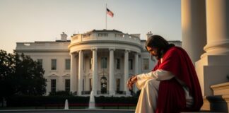 A religious figure seated in contemplation in front of the White House at sunset