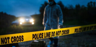 Police crime scene tape with investigator at dusk
