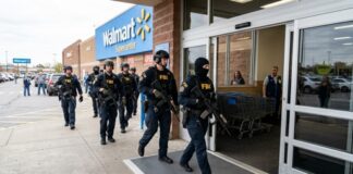 FBI agents in tactical gear entering a Walmart store